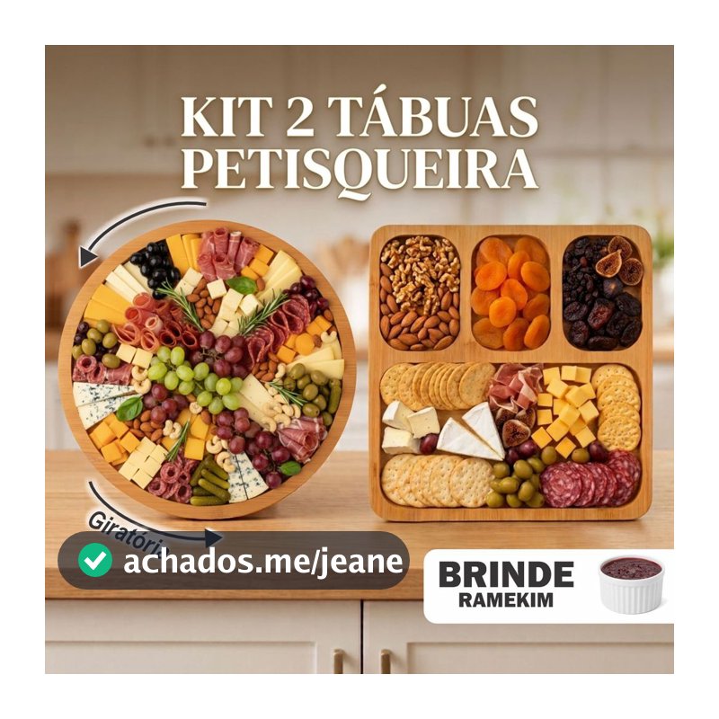 Kit Petisqueira Giratória Redonda + Tábua Quadrada com Ramequim p/ Petiscos Frios e Queijo