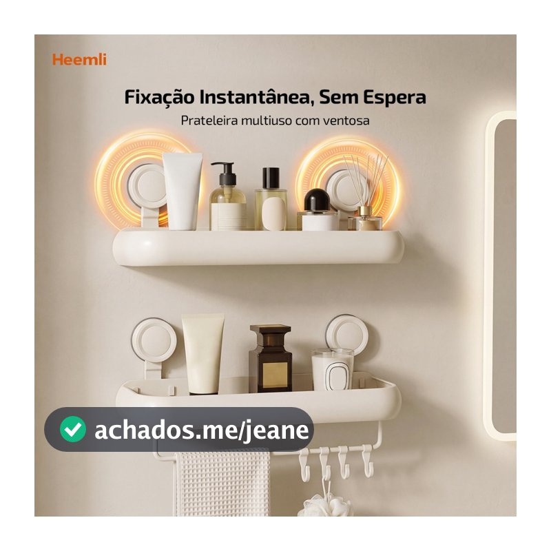 Prateleira de Banheiro com Ventosa 40cm, Organizador de Parede sem Furar, Drenagem Rápida, com ou sem Barra e Ganchos