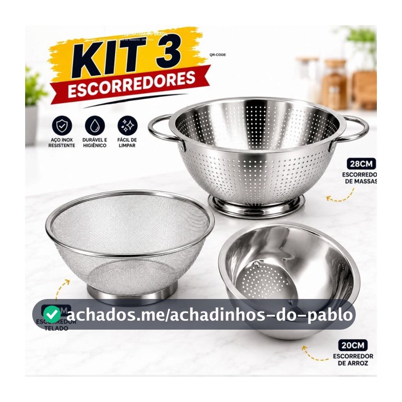 Kit Escorredor Inox Massas Arroz Telado Cozinha Completo