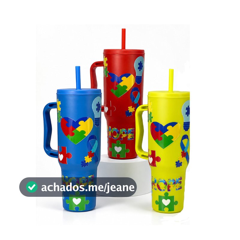 Copo Autismo 1200ml com Canudo e Alça – Policarbonato Resistente | Símbolo Esperança e Inclusão