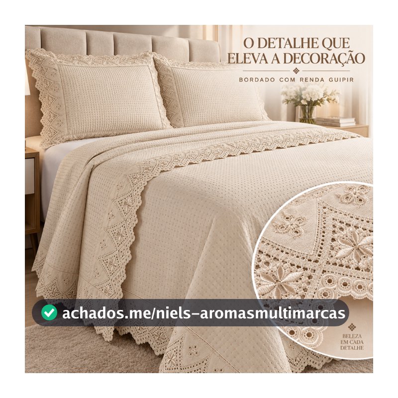 Kit 1 Cobre Leito Queen 2,60m x 2,40m Percal 300 Fios Bordado Renda Guipir e 2 Porta-Travesseiros
