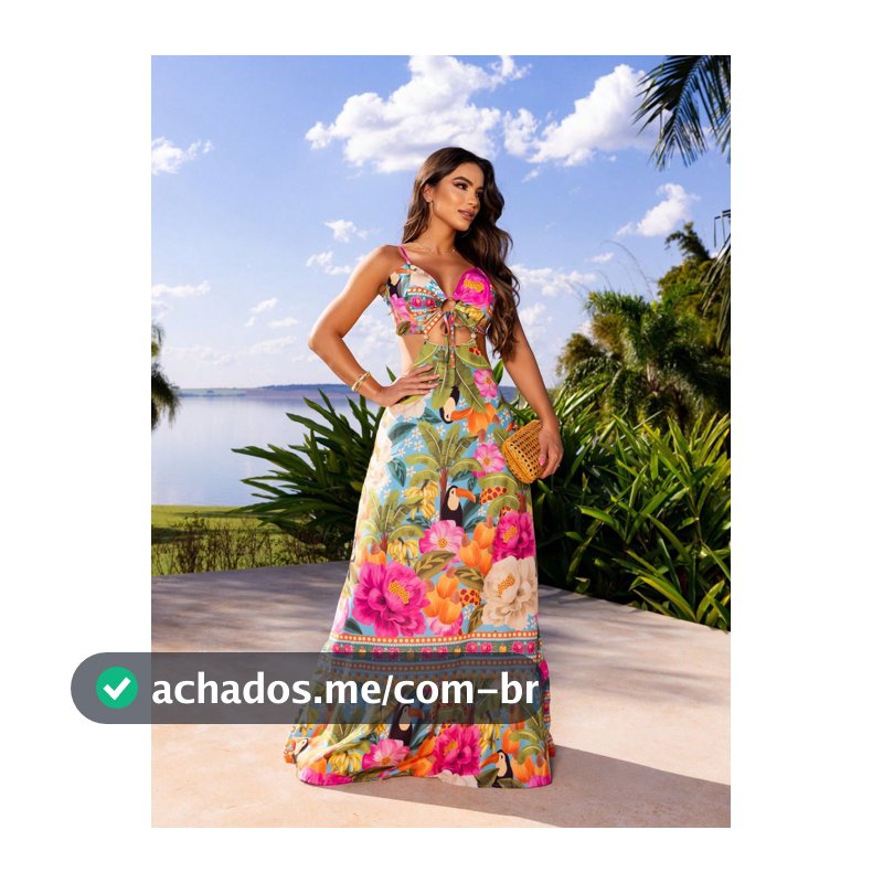Vestido Feminino Soltinho Estampa Tropical Tendência Primavera/Verão - Praia Piscina Resort