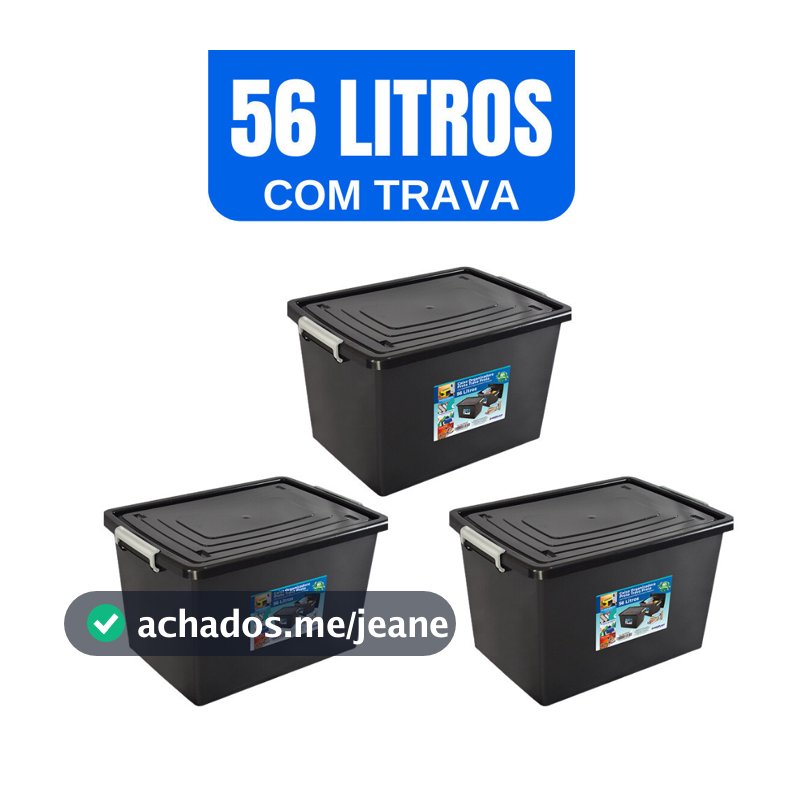 3 Caixas Organizadora Container Preta Com Tampa e Trava 56 Litros Cesto Organizador Preto Empilhável