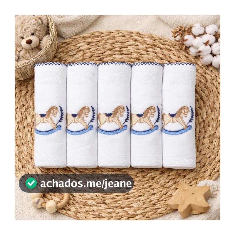 Kit 5 Fraldas Bordada Luxo | Meninos e Meninas | Fralda Pano Bordada de Bebê | 100% Algodão