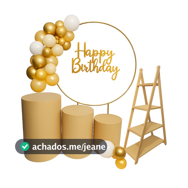 Kit  Arco Redondo Dourado Desmontavel + Trio Cilindro Mdf Aniversário Bolo Casamento Decoração Festa