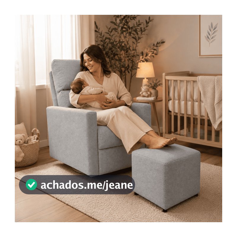 Poltrona de Amamentação Helena com Puff  Quarto de Bebe Base de Balanço Confortável