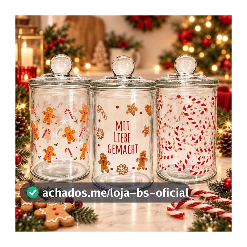 Pote de Vidro Hermético Com Tampa Decorativo de Natal - 630ml | Biscoito, Chocolates, Doces, Balas, Cookies, Castanhas