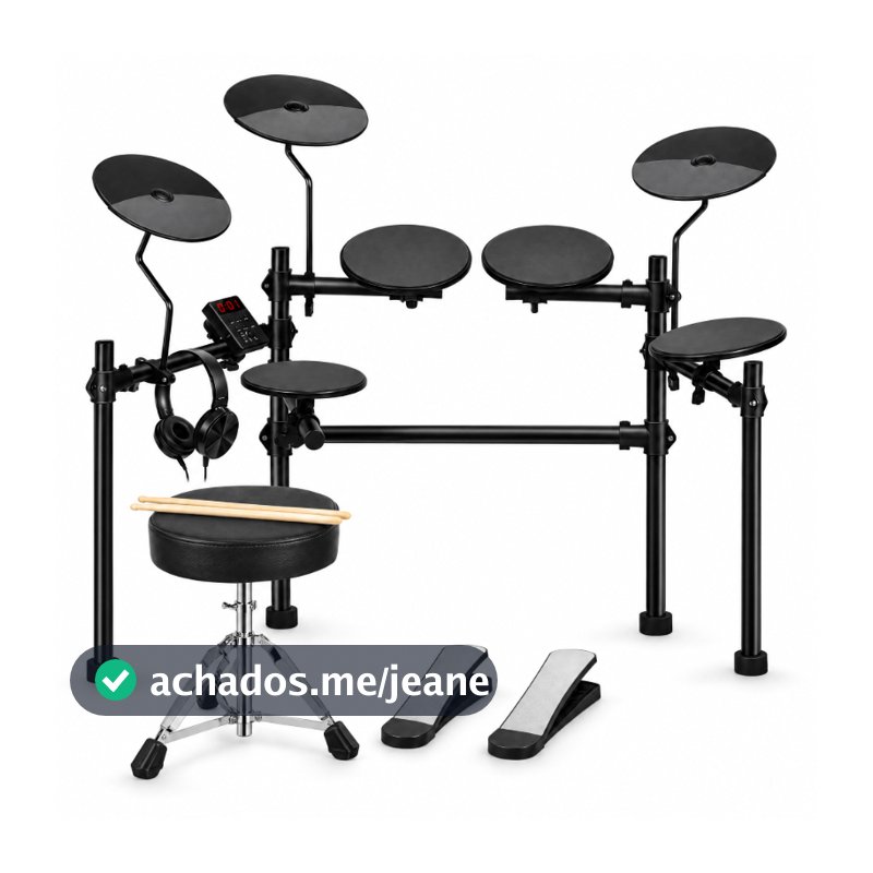Bateria Eletrônica para Iniciantes Completa com 4 Pads Quietos, 200 Sons, Pedais de Controle, Banco e Fone