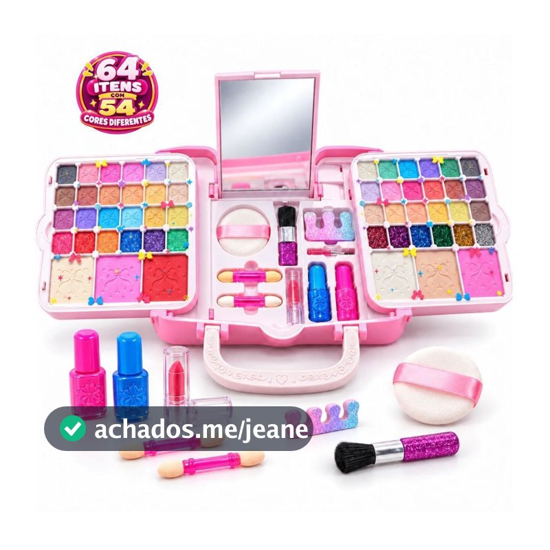 Kit Maleta de Maquiagem Infantil 64 Itens 54 Cores Com Espelho Kit de Beleza Brinquedo Presente 3+ Completo Lavável