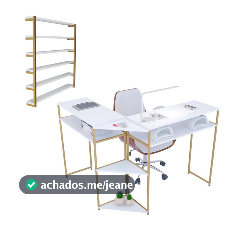 Mesa Para Manicure Em L Com Design Industrial e Nicho Expositor Suporte Prateleira Para Esmaltes