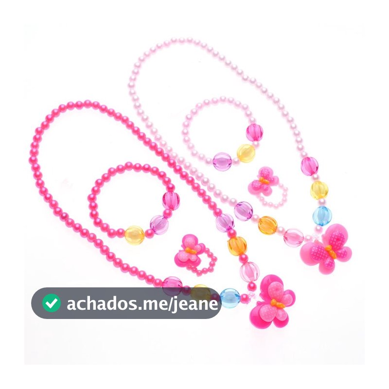Kit Colar/Pulseira e Anel Infantil Flor Borboleta e Laço  Pérola Bijuterias