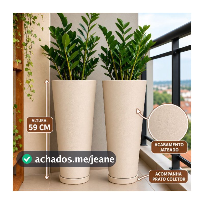 KIT C/2 VASOS IBIZA SLIM JATEADO 59x22x16CM POLIETILENO COM PRATO COLETOR DESIGN MODERNO