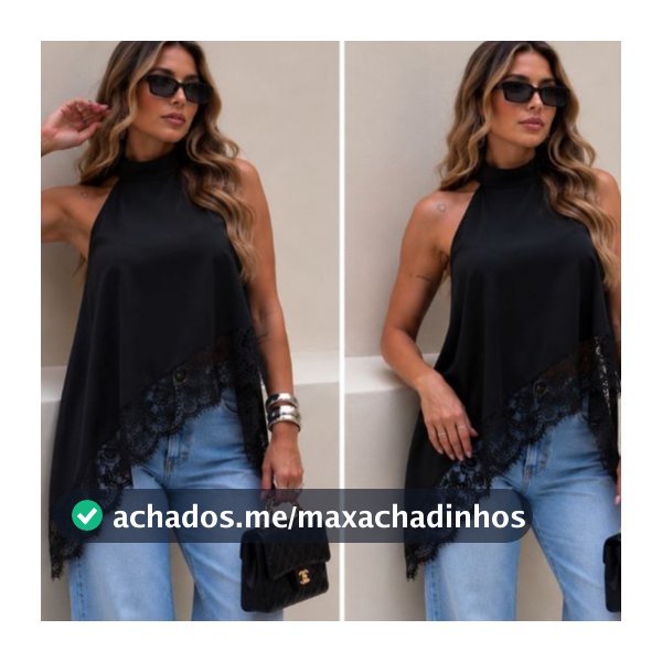 Blusa Feminina Gola Alta Crepinho Premium Assimétrica Renda Elegante Chic Casual Moda Sotisficado