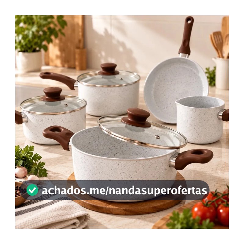 Jogo Kit 5 Panelas Cerâmicas Antiaderentes Indução Fundo Triplo PFOA Tampa de Vidro Cooktop Gás Elétrico Frigideira Caça