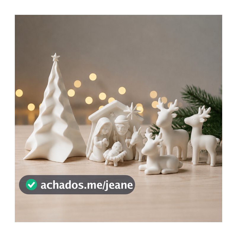 Kit Decoração Natal Minimalista 5 Peças Árvore Presente Natal Trio Renas Presépio Branco Enfeite Mesa Sala Natalino