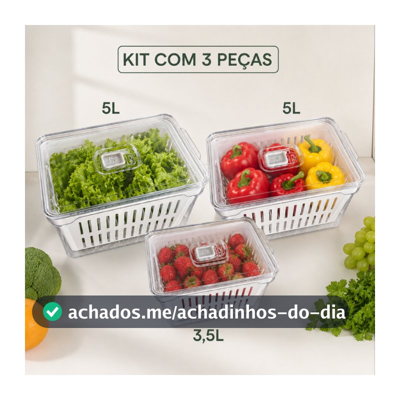 Kit Completo de Organizadores para Geladeira – 2 Unidades 5L + 1 Unidade 3,5L Acrílico