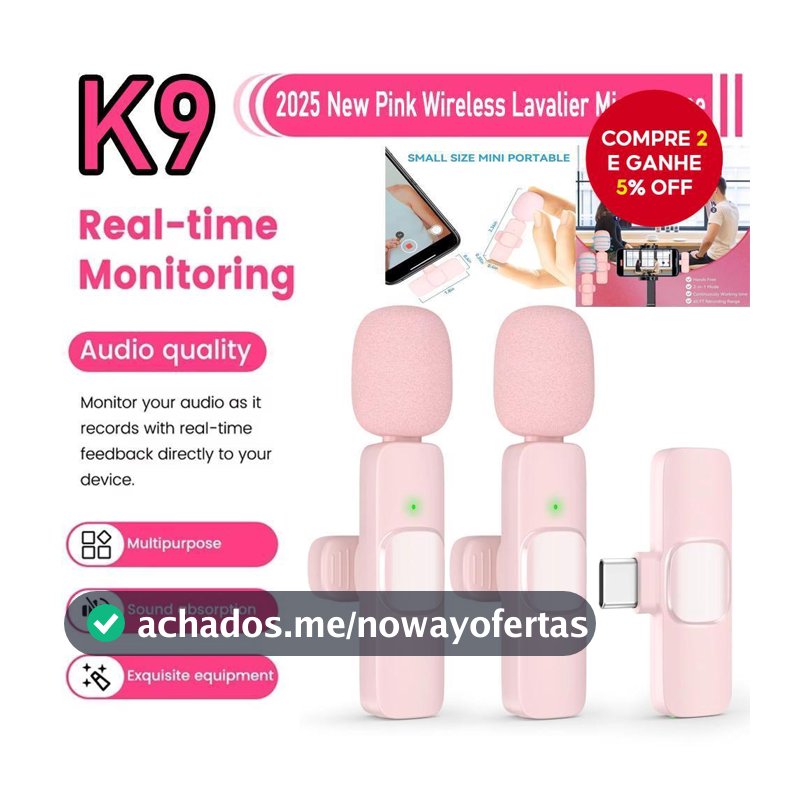 Microfone Sem Fio K9, Microfone de Lapela para Ensino, Mini Microfone para Vlog, Videoke e Transmissão ao Vivo