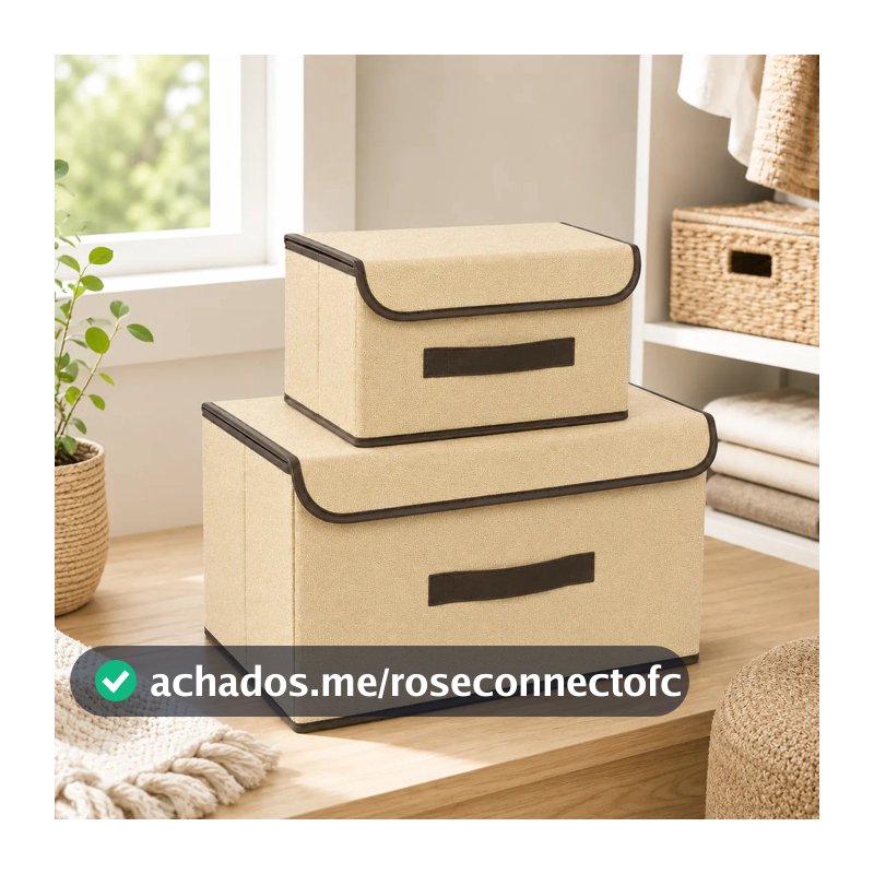 Kit 2 Peças Caixa Organizadora Decorativa Tampa Tecido Dobrável Multiuso Colorida Rosa Verde Bege Marrom Preta