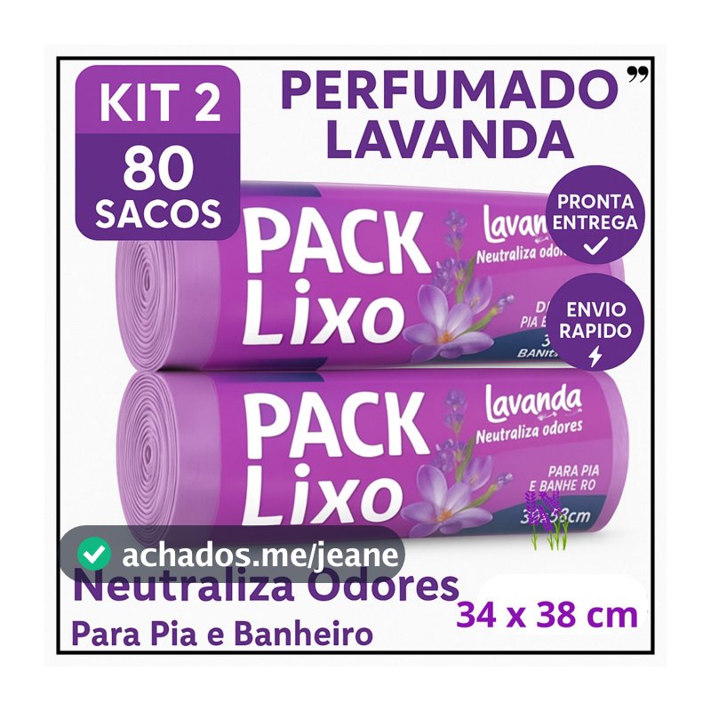 Saco de Lixo Perfumado Lavanda 80 Unidades Kit 2 Rolos Reforçado Para Pia Banheiro Cozinha 34x38cm Anti Odor Neutraliza