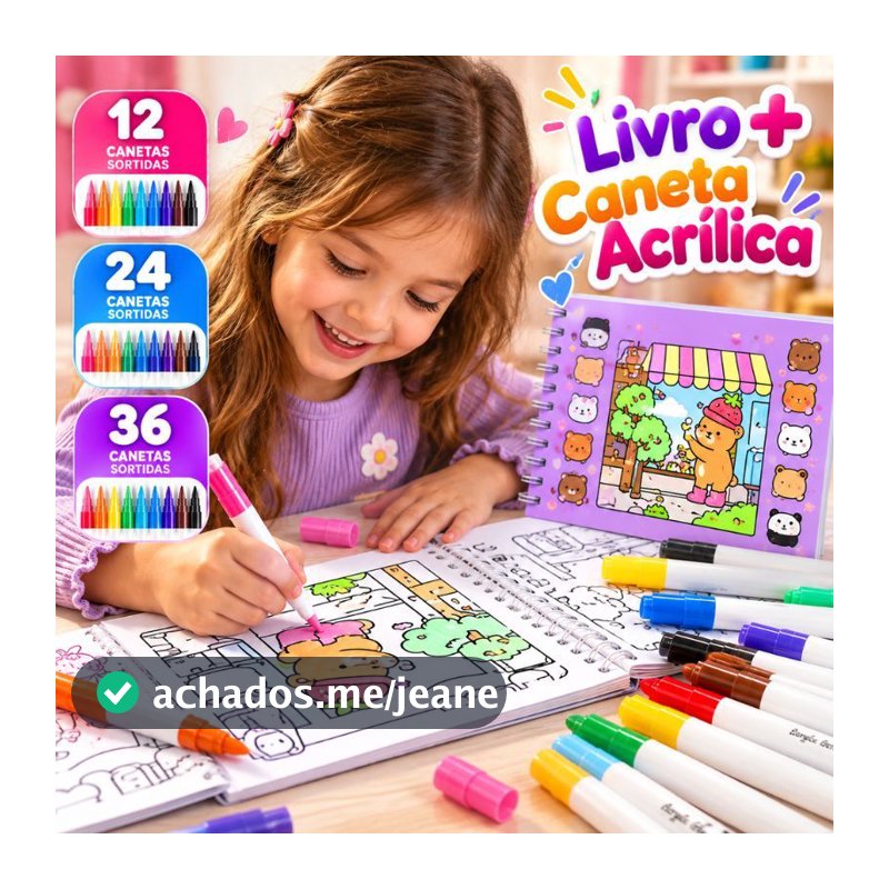 Kit Livro de Colorir Booboo Goods + Canetas Ponta Dupla Ursinhos Fofos Papel 180g 50 Folhas