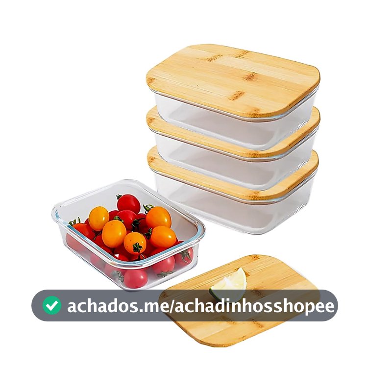 Pote Hermético Vidro 660ml- Kit 4 Peças Tampa Bambu- Marmita