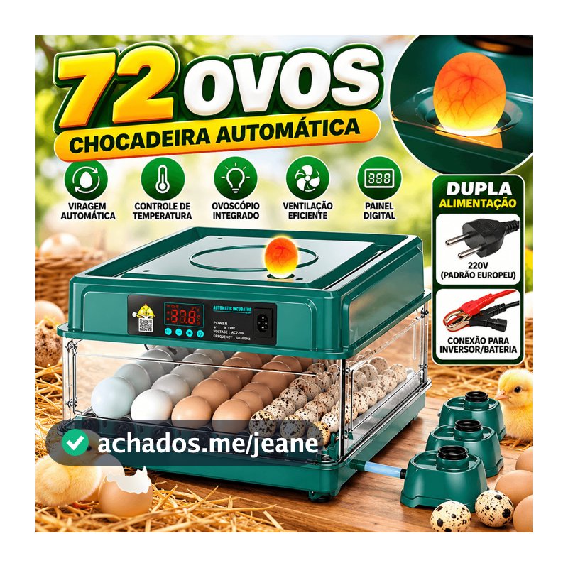 Incubadora Chocadeira Automática 72 Ovos Digital com Viragem Automática Controle de Temperatura e Dupla Alimentação 220V