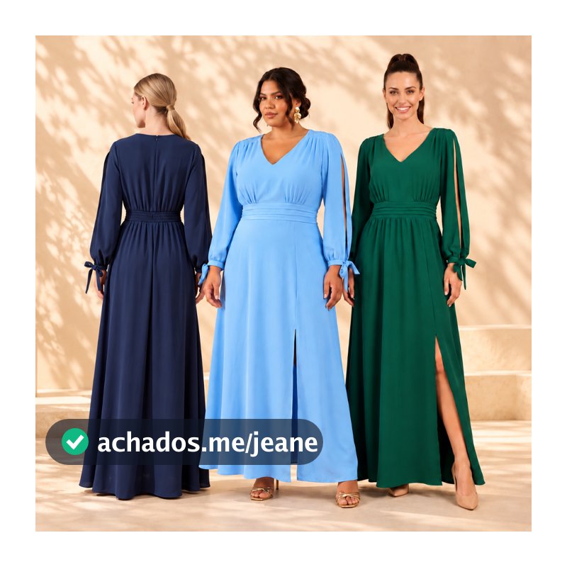 Vestido Longo Feminino Social com Manga com Amarração Fenda Lateral e para Casamento, Culto e Eventos