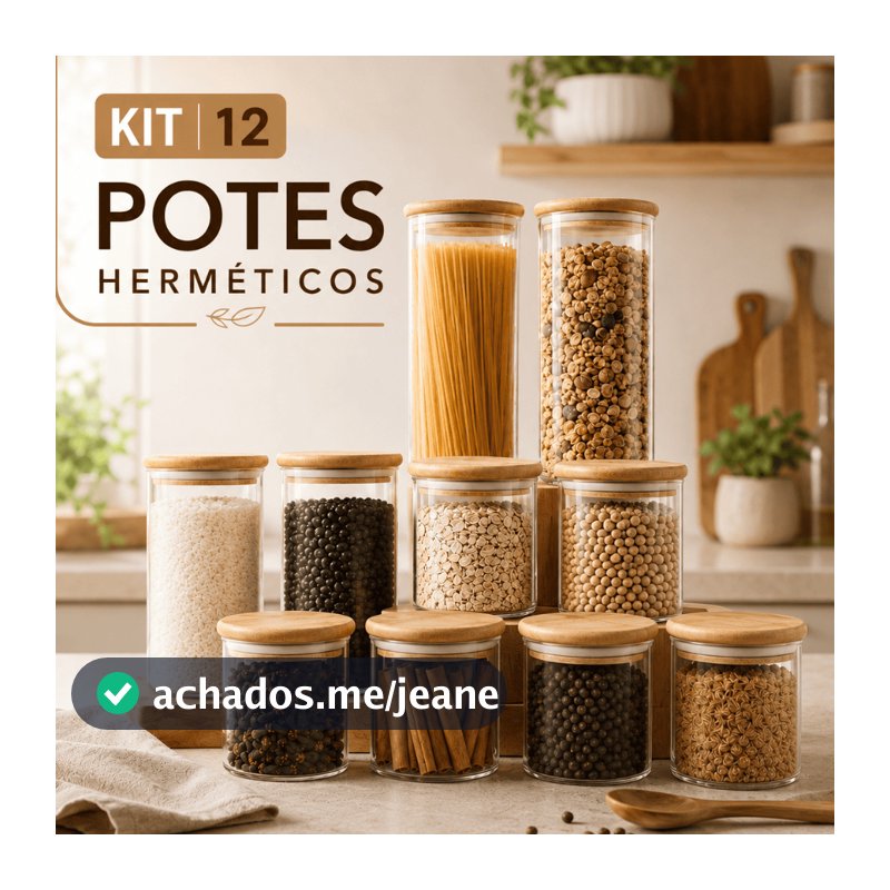 Kit 12 Potes Organizadores Herméticos Mantimentos Vidro Bambu