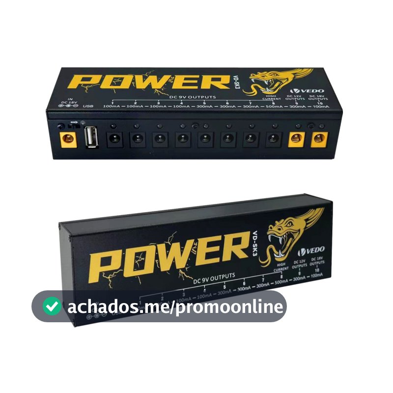 Fonte de Alimentação Pedal Efeito Guitarra 10 Saídas Isoladas (9V, 12V, 18V) Proteção de Curto Circuito/Sobrecorrente