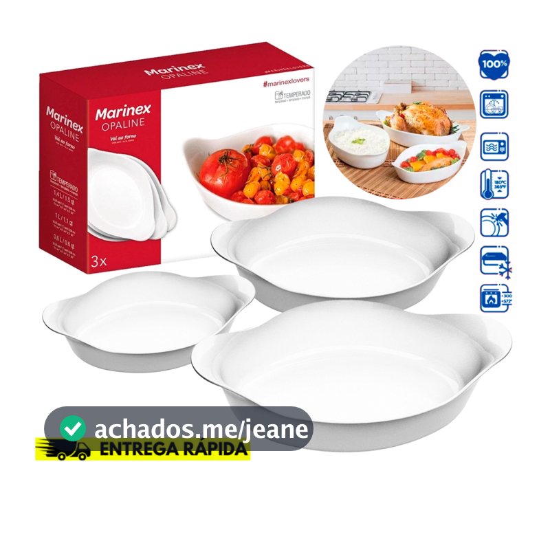 Kit 3 Formas Opaline Oval Jogo de Assadeira Vidro Branco Marinex PMG Receitas Culinaria Gourmet