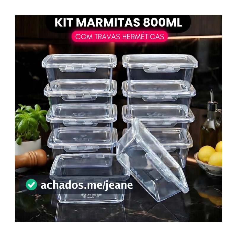 Kit Potes Hermeticos com Trava 800ml Jogo de Marmitas
