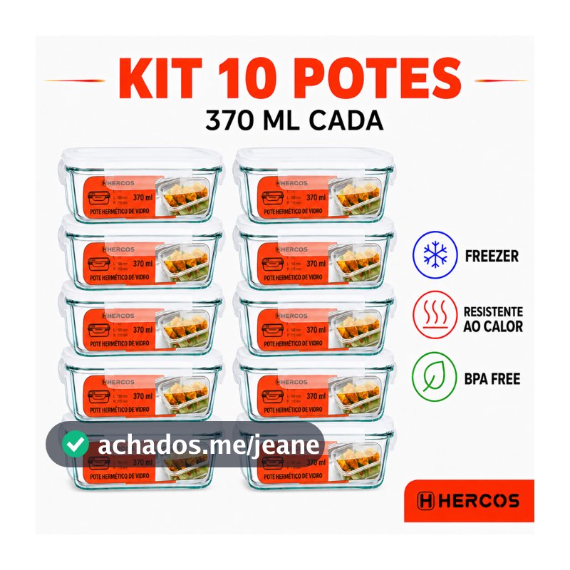 Kit Pote Hermético Vidro Tampa 4 Travas 370ml Retangular Freezer Marmita Frios Fitness Micro Ondas