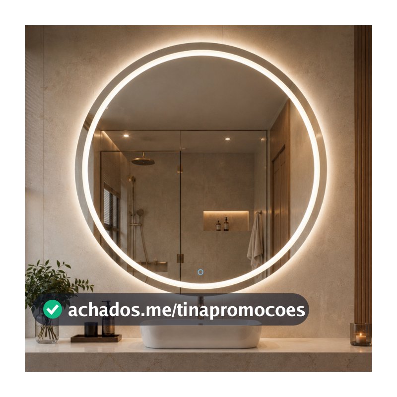 Espelho Redondo com Botão Touch 70x70cm Jateado 3 Cores LED Touch Decoração Parede Banheiro Lapidado