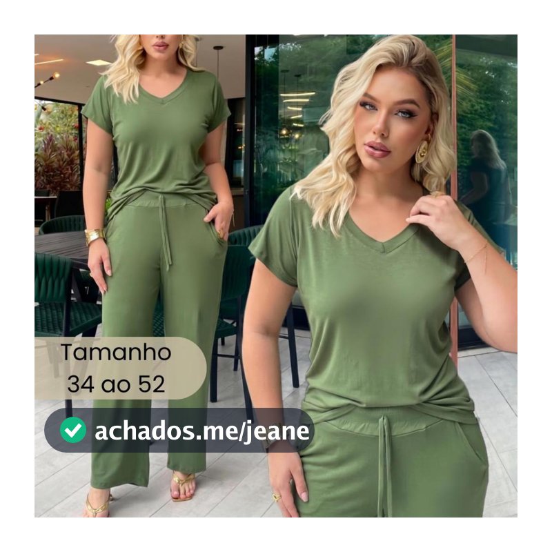 Conjunto Feminino Blusa Gola V e Calça Pantalona Tecido Viscolycra Premium