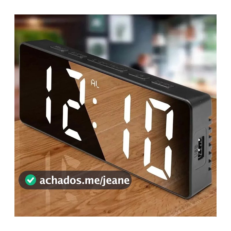Relógio Despertador Digital De Mesa 16X2.5X6cm Alarme Temperatura Pilha AAA Usb Preto Com Led