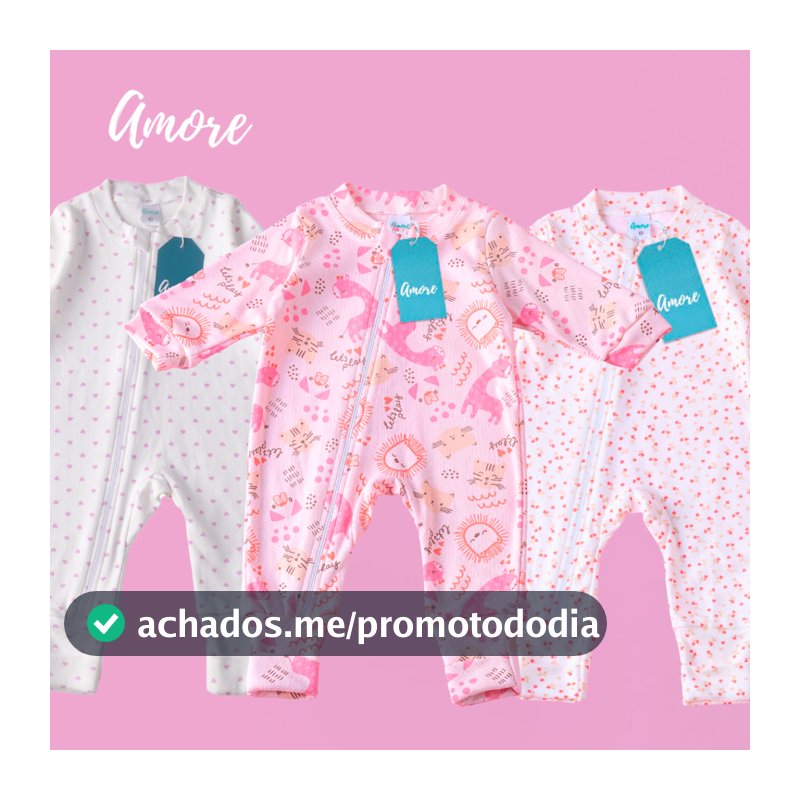 3 Macacões Bebê Amore Mais Vendidos Vira Pé Zíper Menina Algodão