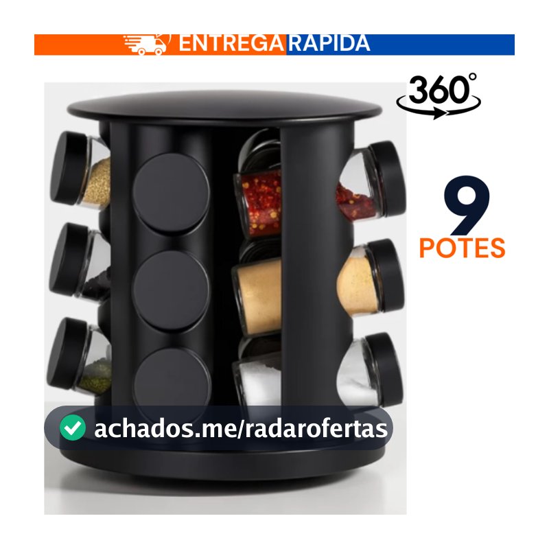 Porta Temperos Giratório 9 Potes Profissional Vidro Tampa Dosadora Preto Condimento Premium PROMOÇÃO