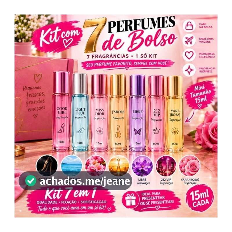 Kit 7 Mini Perfumes Femininos 15ml Fragrâncias Variadas Portáteis