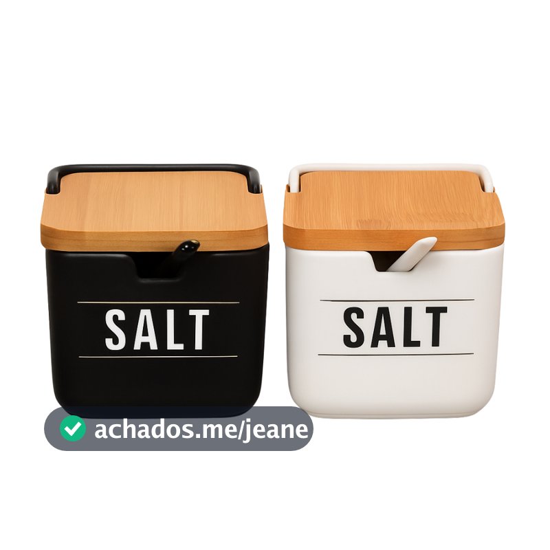 Saleiro Manhattan de Porcelana com Tampa Bambu 270ml Hauskraft | Porta Sal Temperos Preto/Branco
