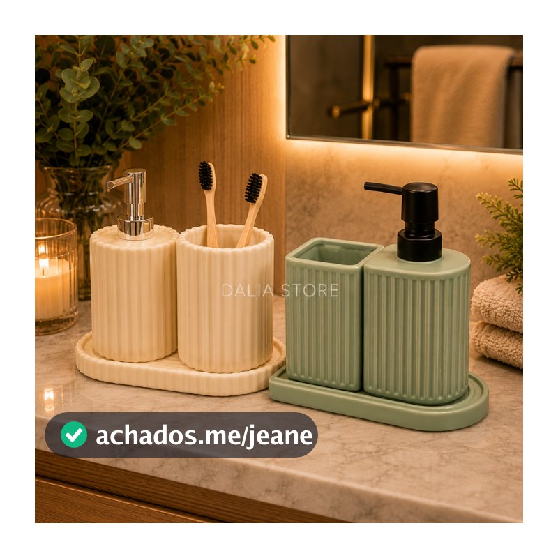 Kit Para Banheiro 3 Peças Cerâmica Verde Off White Porta Escova Sabonete Bandeja