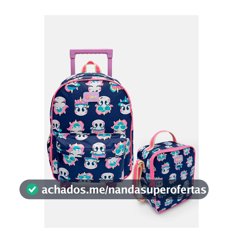 Kit Mochila com Rodinhas Infantil Escolar Menina + Lancheira Unicórnio Tênis Puket
