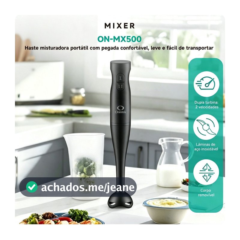 Mixer De Mão Misturador Elétrico De Alimentos Portátil Lâmina Inox 2 Velocidades 200W Preto