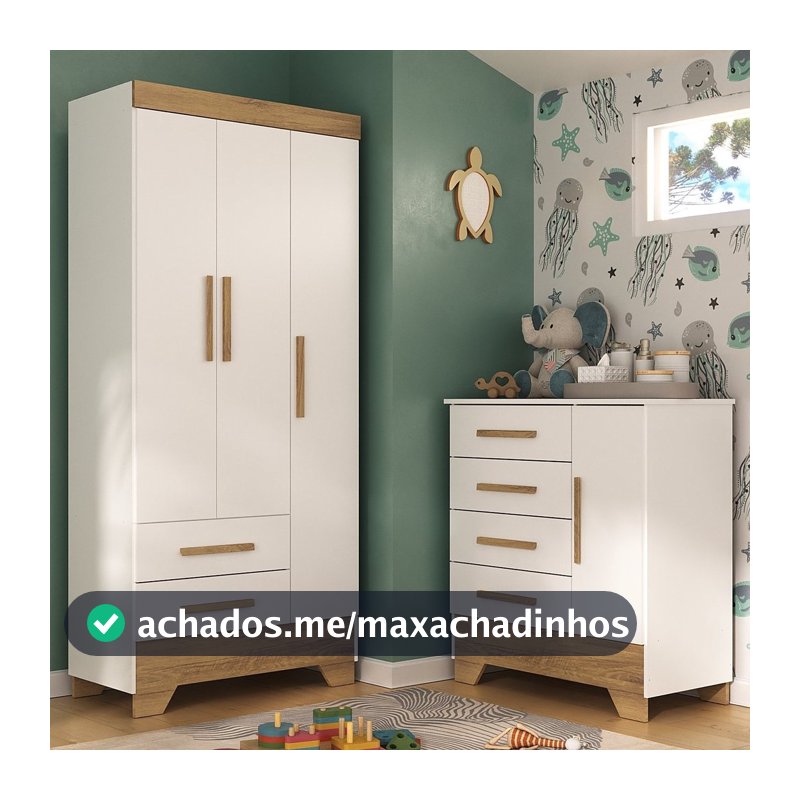 Quarto Infantil Completo Guarda Roupa 3 Portas 2 Gavetas com Cômoda Selene Espresso Móveis Branco/Fosco/Nature Branco