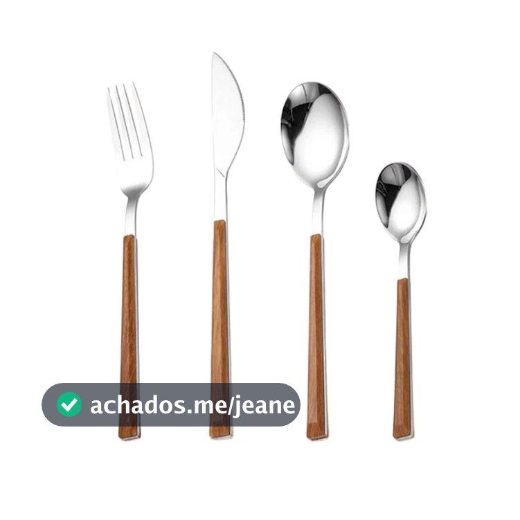 Jogo De Talheres Faqueiro 24 Peças Aço Inox, Alças de Imitação de Madeira, Designer Lindo, Fácil de Limpar