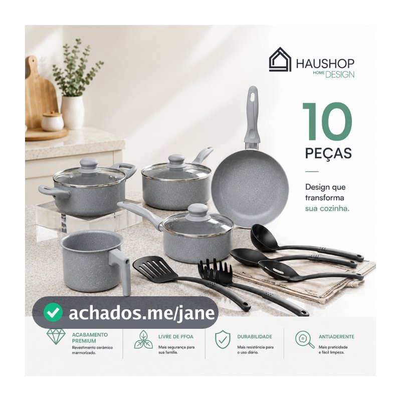 Jogo de Panelas Cerâmico Haushop 10 Peças Antiaderente Marmorizado com Tampa de Vidro Cozinha Completa
