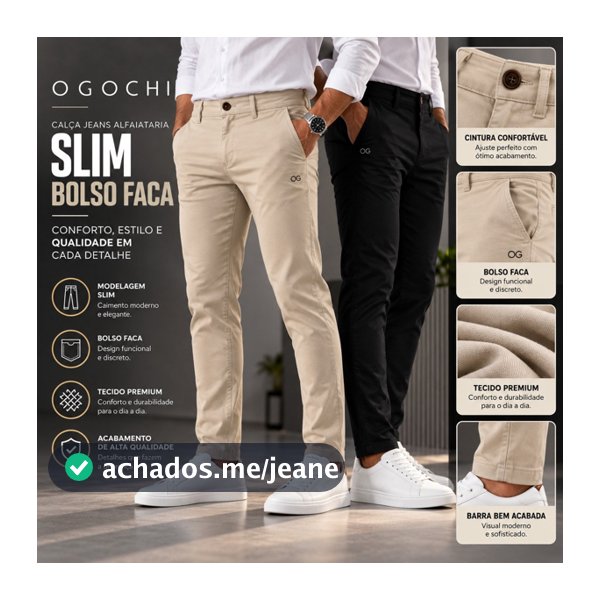 Calça Masculina Sarja Slim Ogochi Elastano Calça Masculina Casual ,Social Conforto Premium elegante