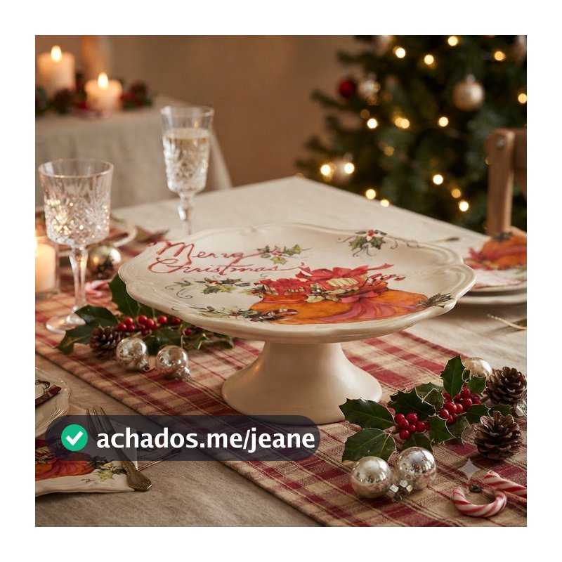 Boleira Com Pé Cerâmica 28cm e 21cm Natal Merry Christmas Borda Ondulada Decoração e Mesa Posta Natalina Scalla
