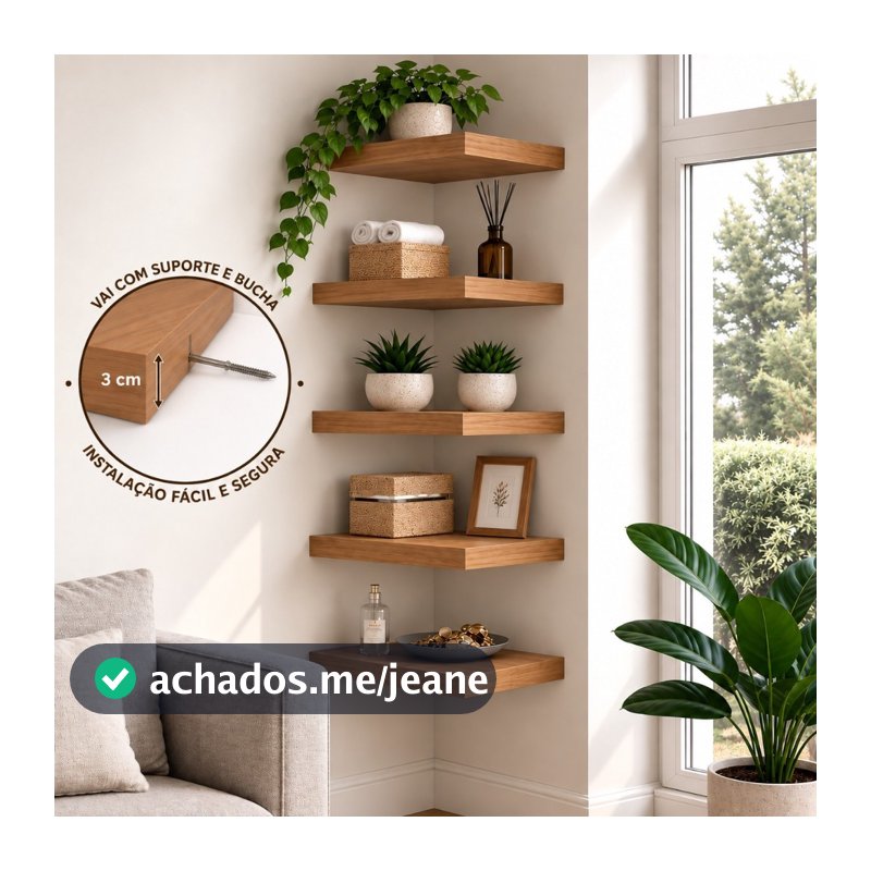 Kit 5 Prateleira de Canto 20x20 Grossa 30mm MDF Suporte Invisível