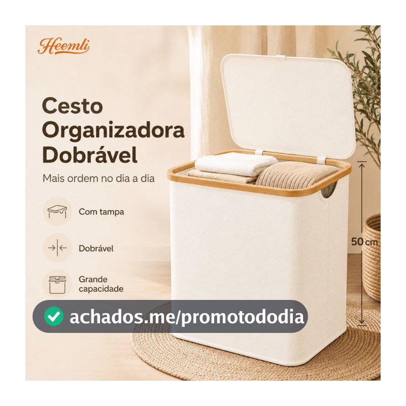 Cesto Organizador Heemli com Tampa de Bambu Dobrável para Lavanderia Sala Banheiro