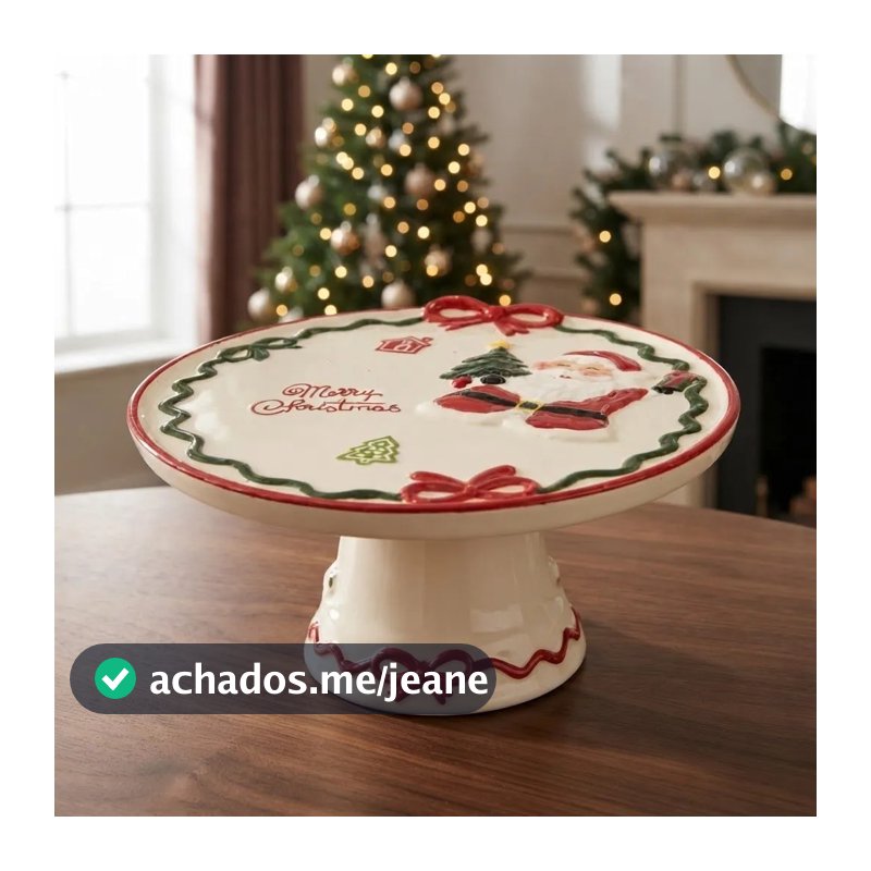 Boleira Cerâmica Natalina Com Pé Decoração Papai Noel 23cm